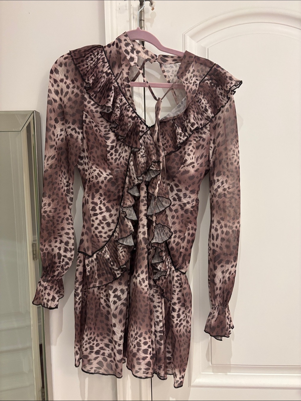L'ATISTE Taupe Leopard-Print Ruffle Long-Sleeve Dress
